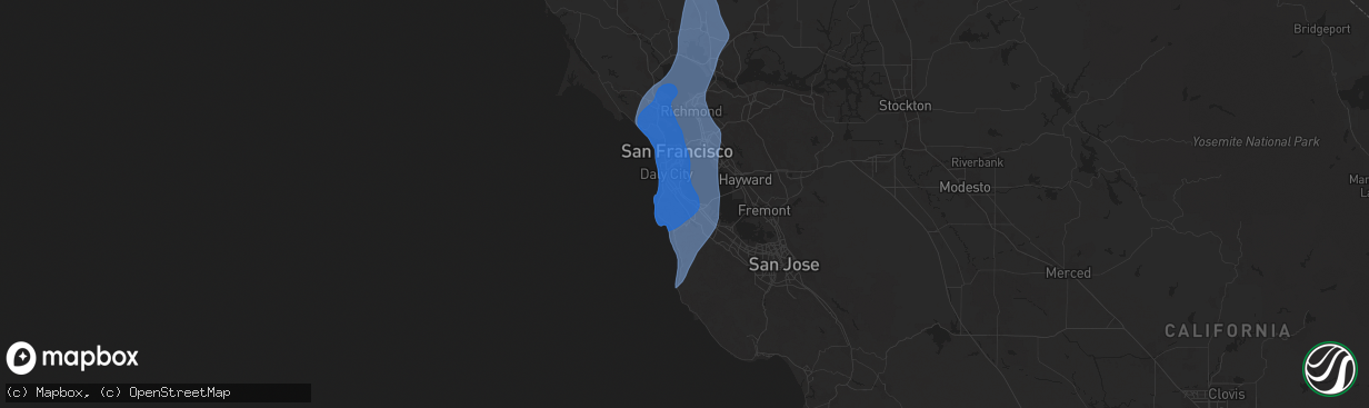 Hail map in Burlingame, CA on December 14, 2024