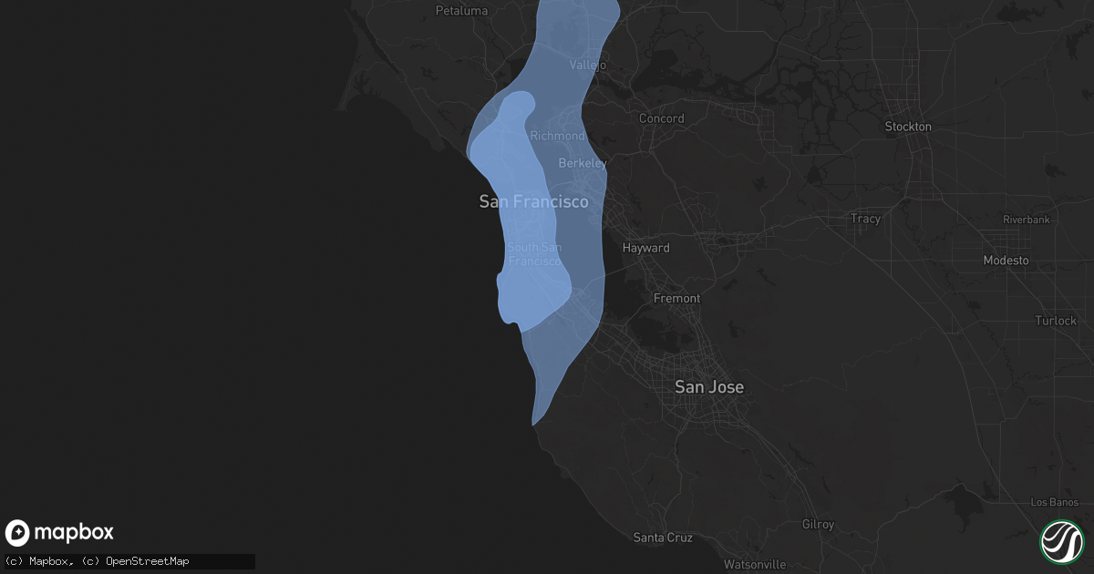 Hail map in Burlingame, CA on December 14, 2024