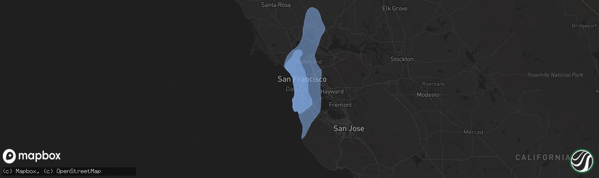 Hail map in Daly City, CA on December 14, 2024