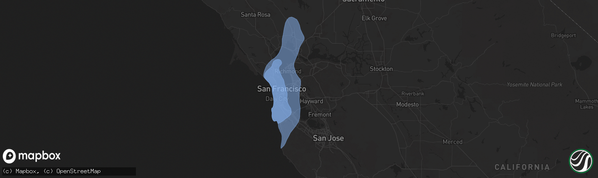 Hail map in Oakland, CA on December 14, 2024