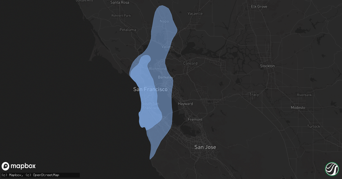 Hail map in Oakland, CA on December 14, 2024