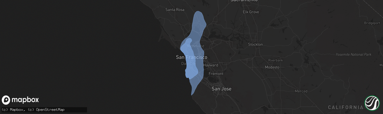 Hail map in San Francisco, CA on December 14, 2024