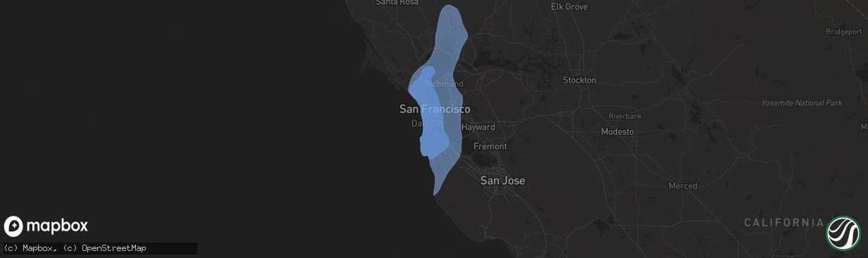 Hail map in South San Francisco, CA on December 14, 2024