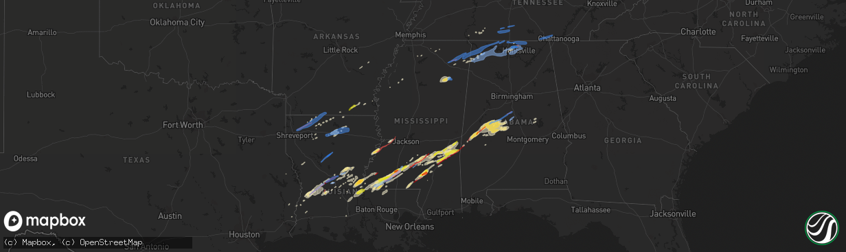 Hail map in Mississippi on December 16, 2019