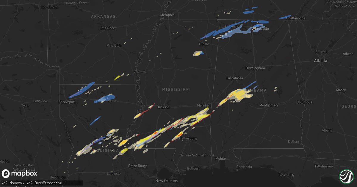 Hail map in Mississippi on December 16, 2019