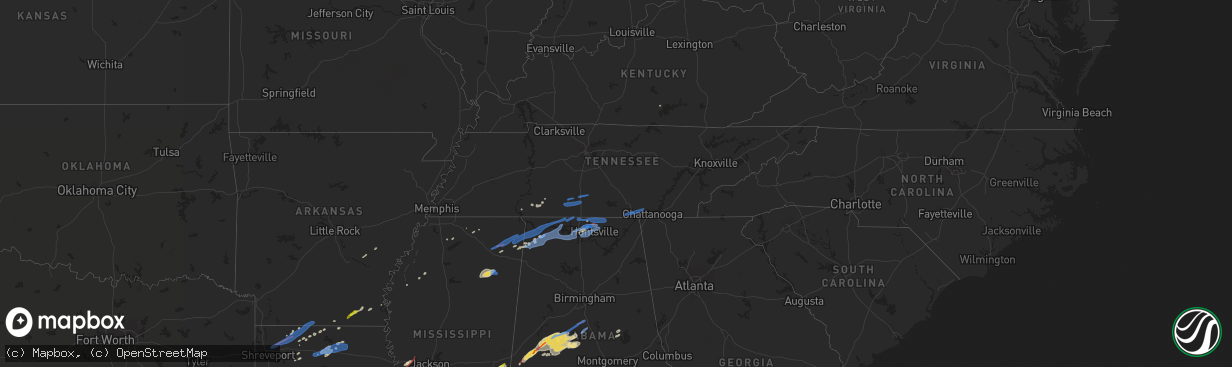 Hail map in Tennessee on December 16, 2019