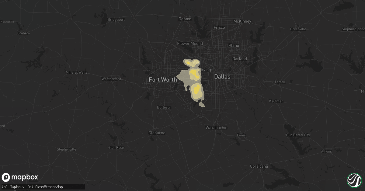 Hail map in Arlington, TX on December 16, 2024