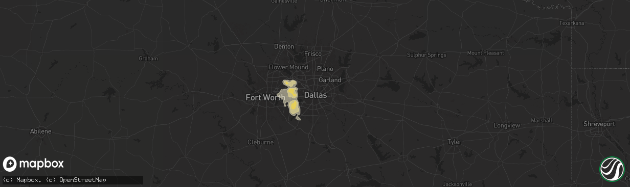 Hail map in Dallas, TX on December 16, 2024