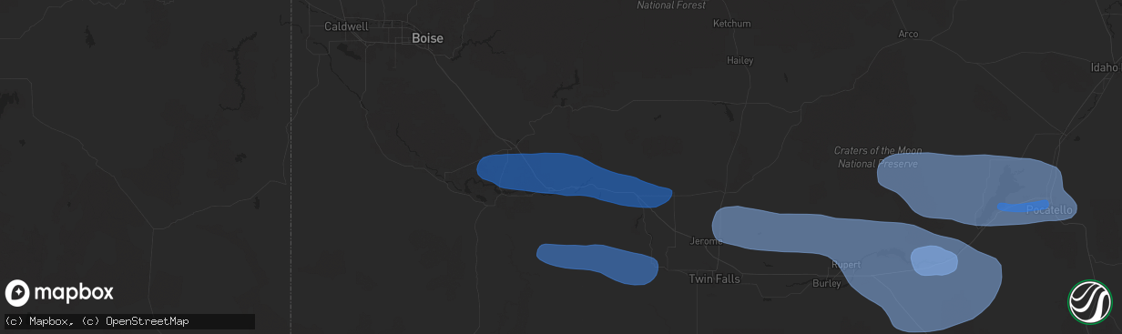 Hail map in Glenns Ferry, ID on December 17, 2025