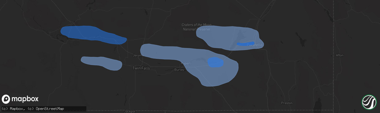 Hail map in Rupert, ID on December 17, 2025