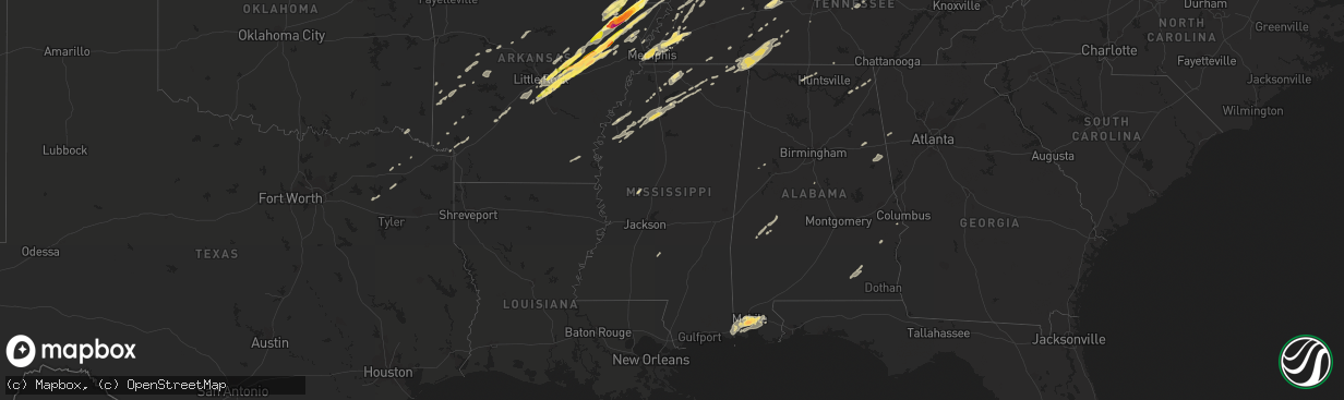 Hail map in Mississippi on December 23, 2015