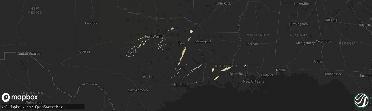 Hail map in Louisiana on December 24, 2012