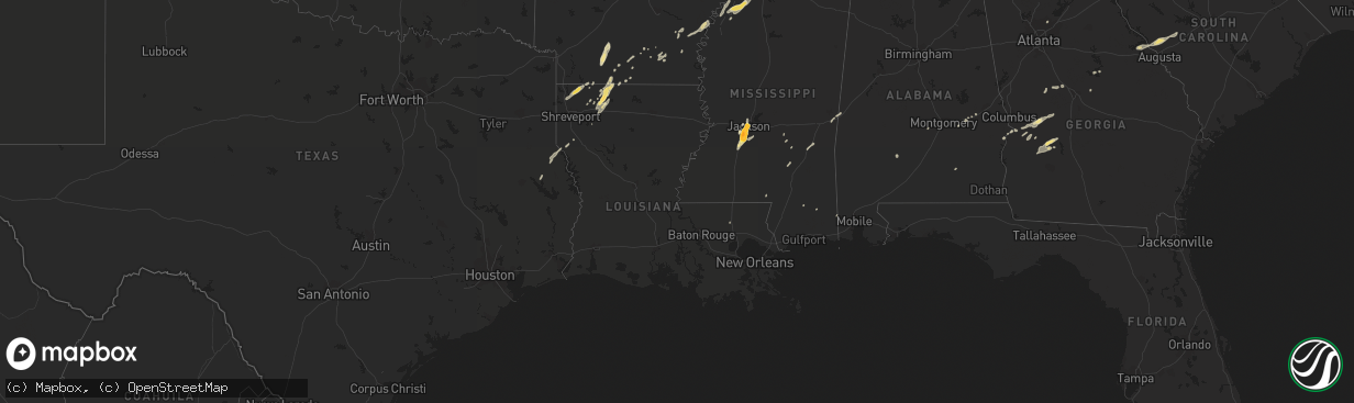 Hail map in Louisiana on December 24, 2015