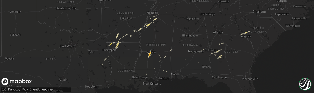 Hail map in Mississippi on December 24, 2015