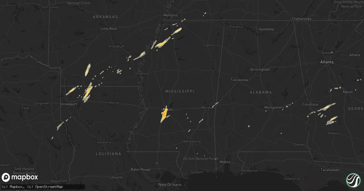 Hail map in Mississippi on December 24, 2015