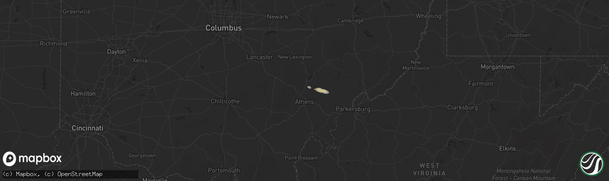 Hail map in Millfield, OH on December 24, 2025