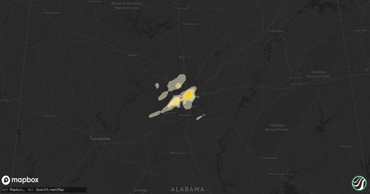 Hail map in Birmingham, AL on December 25, 2015