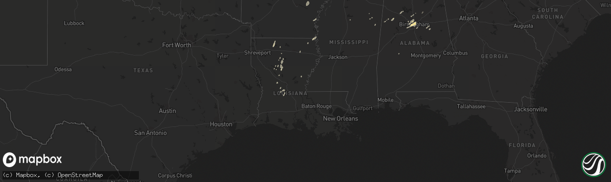 Hail map in Louisiana on December 25, 2015