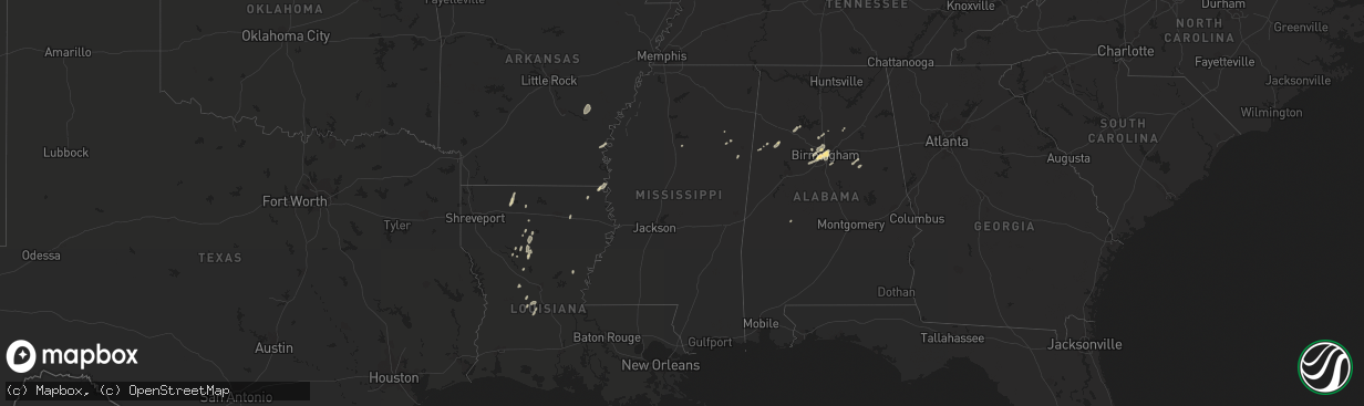 Hail map in Mississippi on December 25, 2015