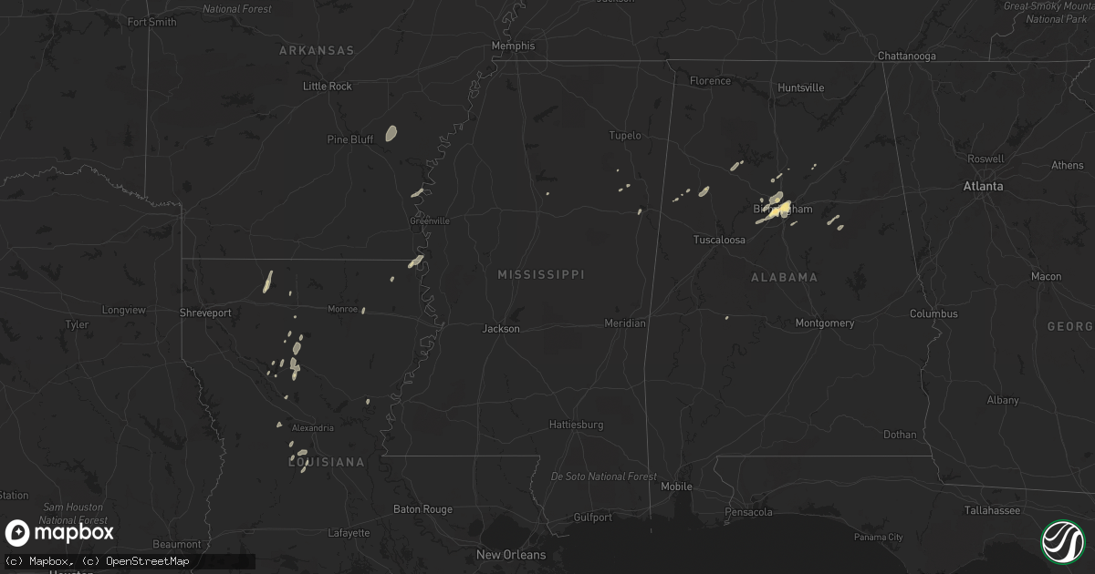 Hail map in Mississippi on December 25, 2015