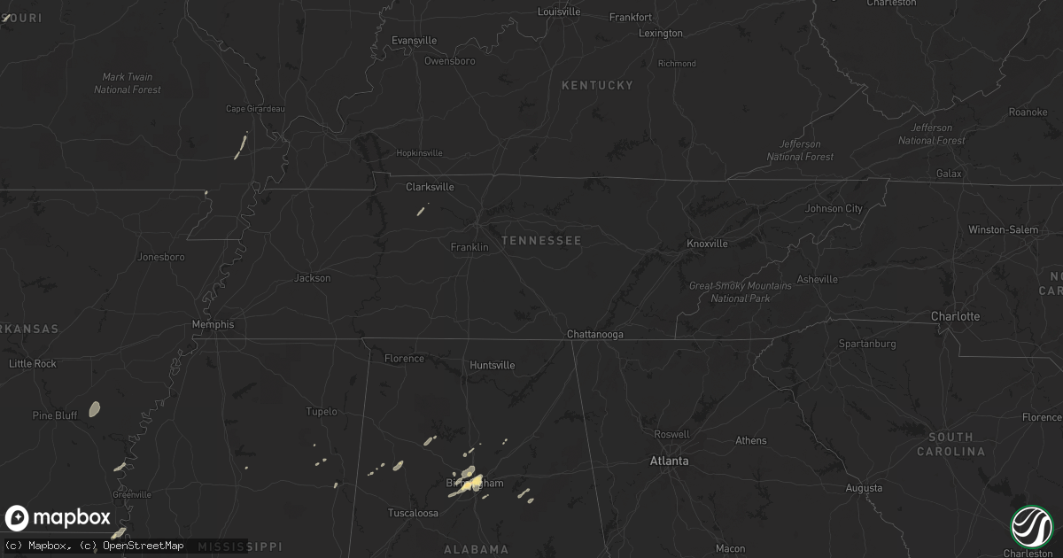 Hail map in Tennessee on December 25, 2015