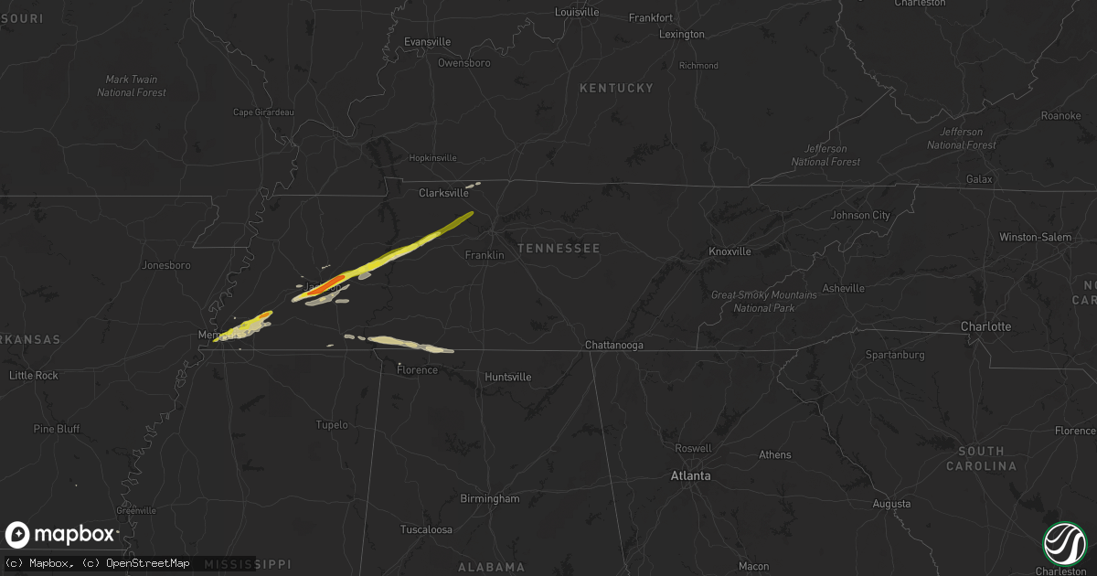 Hail map in Tennessee on December 28, 2016