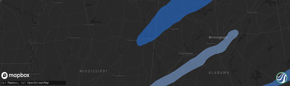 Hail map in Columbus, MS on December 28, 2024