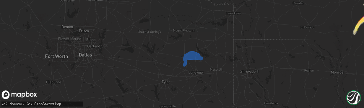 Hail map in Gilmer, TX on December 28, 2024