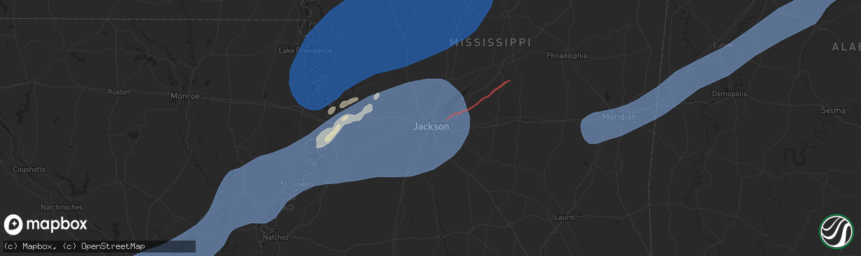 Hail map in Jackson, MS on December 28, 2024