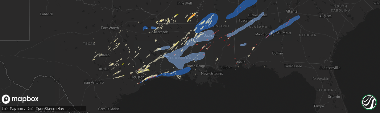 Hail map in Louisiana on December 28, 2024