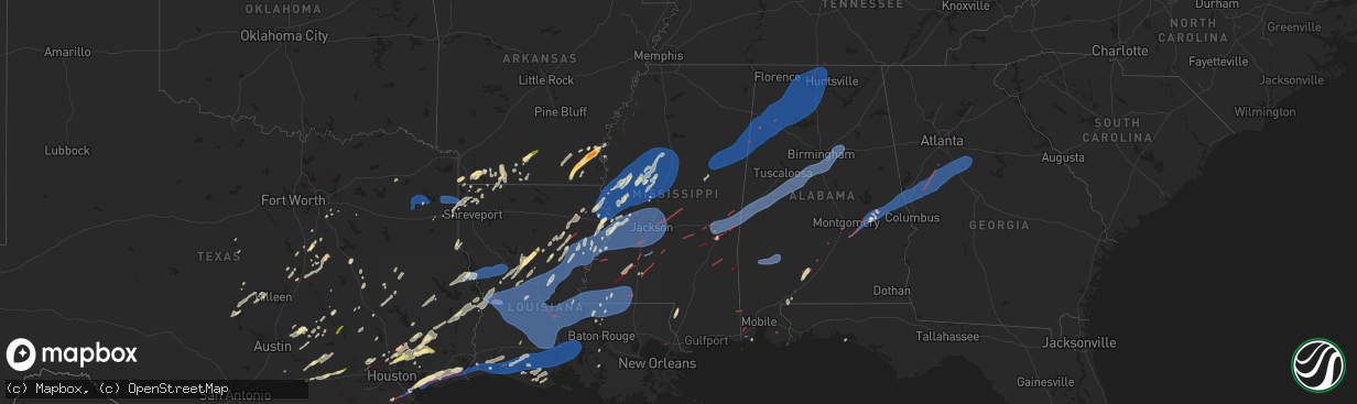 Hail map in Mississippi on December 28, 2024