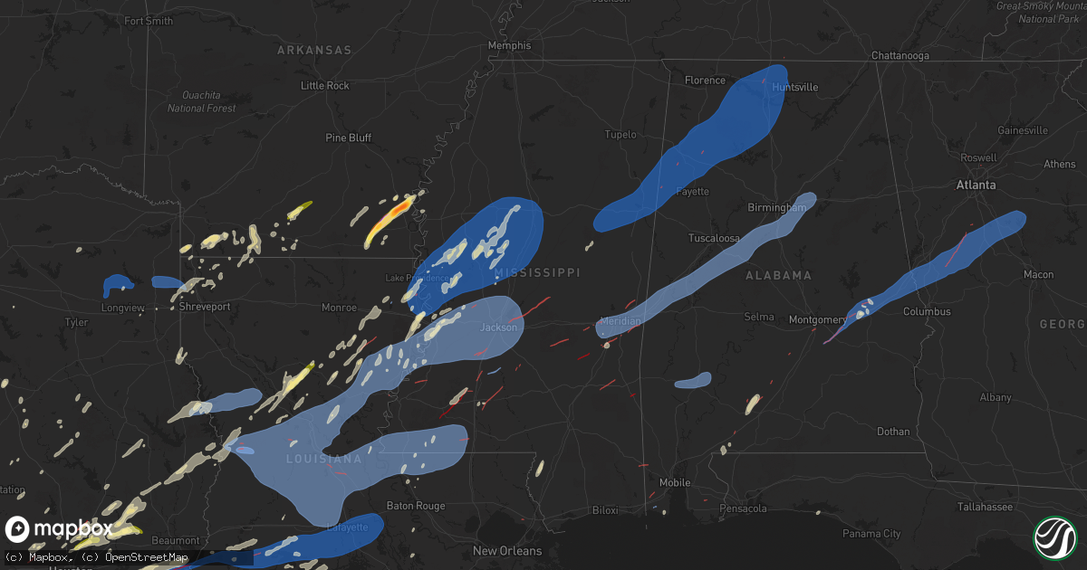 Hail map in Mississippi on December 28, 2024