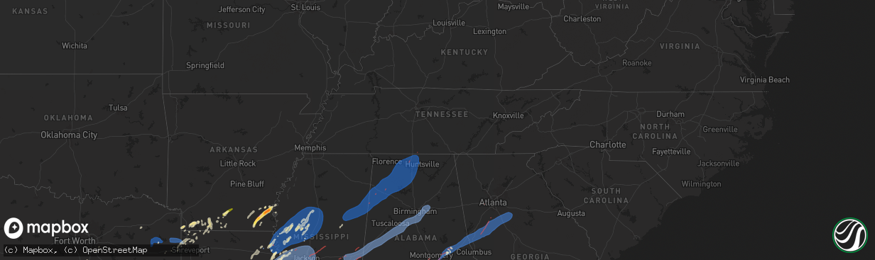 Hail map in Tennessee on December 28, 2024