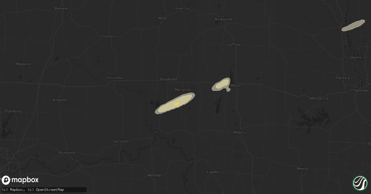 Hail map in Marceline, MO on December 28, 2025