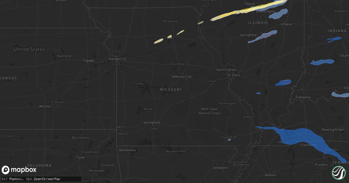 Hail map in Missouri on December 28, 2025