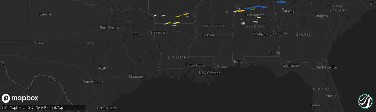 Hail map in Louisiana on December 29, 2021