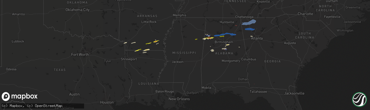 Hail map in Mississippi on December 29, 2021