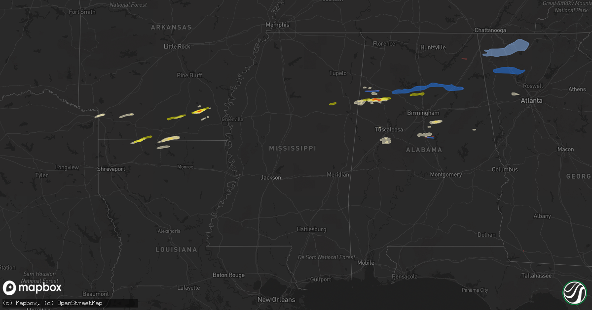 Hail map in Mississippi on December 29, 2021