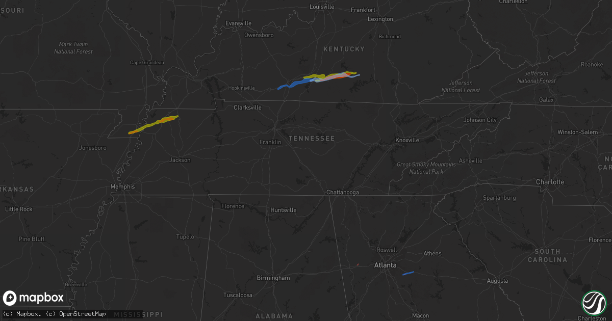 Hail map in Tennessee on December 31, 2021