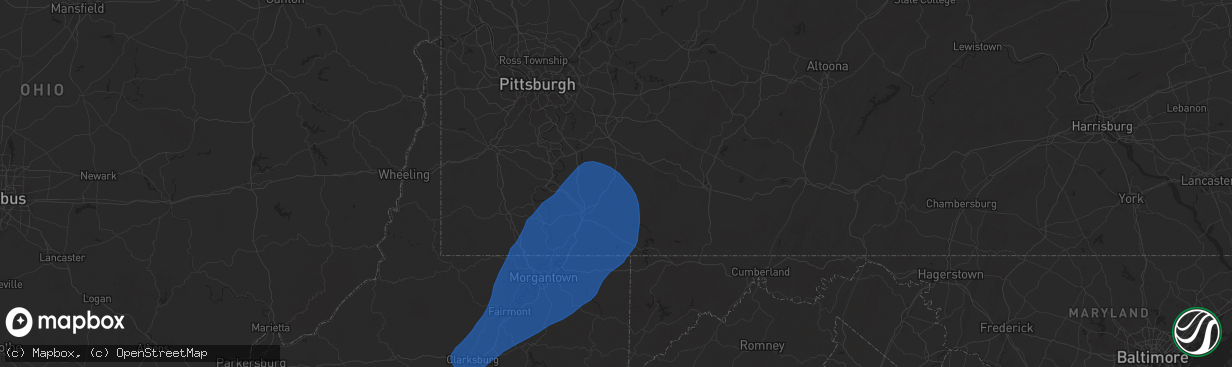 Hail map in Connellsville, PA on December 31, 2024